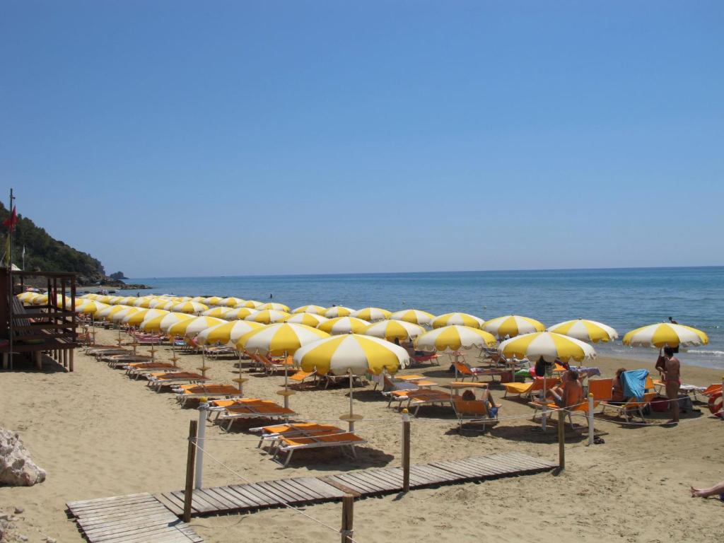 a row of yellow umbrellas and chairs on a beach at Apartment Costa di Kair ed Din-6 by Interhome in Sperlonga