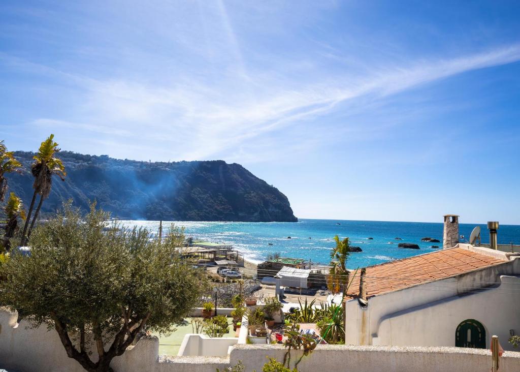 uma vista para a praia e para o oceano em Lucia Maison em Ischia