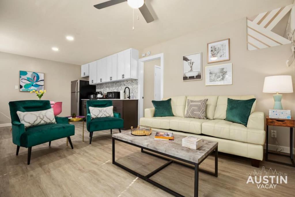 a living room with a couch and two chairs at 7-Minute Walk to Deep Eddy Pool, Parking, and Grill in Austin