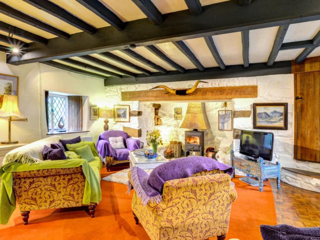 Llanfihangel-y-pennantにあるHoliday Home Dwyford by Interhomeの紫色の家具と暖炉付きのリビングルーム
