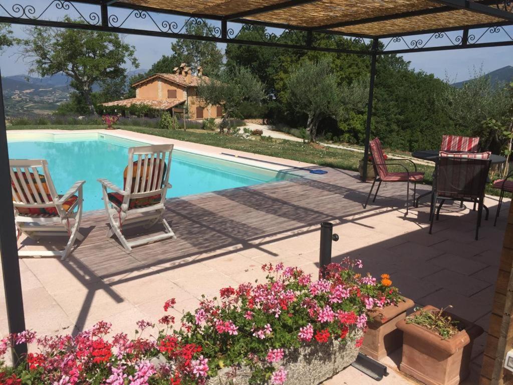 a patio with chairs and a swimming pool with flowers at Casa Baldoni in Matelica