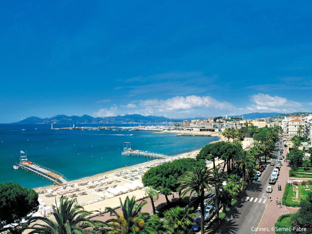 a view of a city and the ocean with palm trees at Apartment Les Pins D&#39;Alep by Interhome in Le Cannet