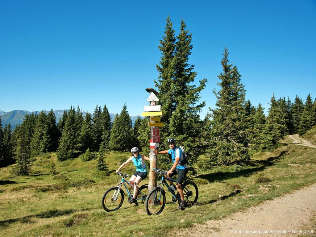 two people on bikes next to a pole on a trail at Apartment Appartment Wiesberg by Interhome in Niedernsill