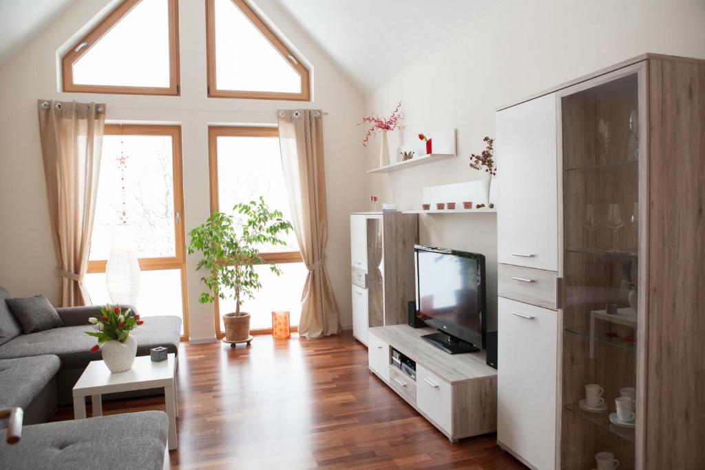 een woonkamer met een bank en een tv bij Ferienwohnung Am Korretsberg in Kruft