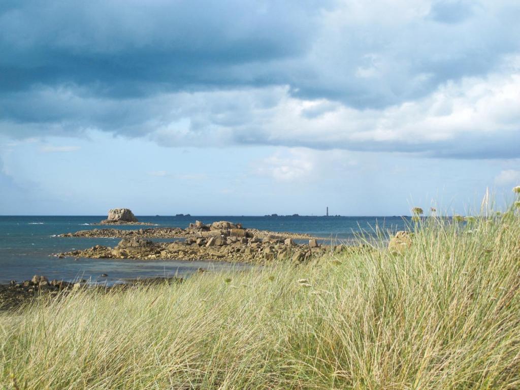 a beach with grass and the ocean and a cloudy sky at Holiday Home Penn Ar Bed - PBA114 by Interhome in Pleubian