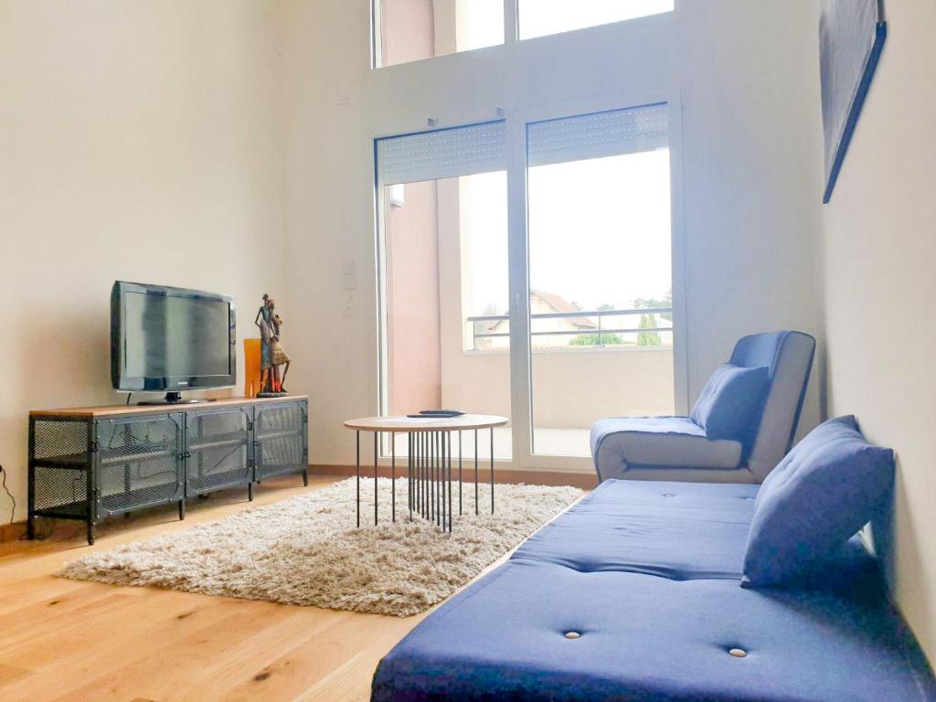 uma sala de estar com um sofá azul e uma televisão em Le Loft d'Or à 10min de Lyon em Champagne-au-Mont-dʼOr