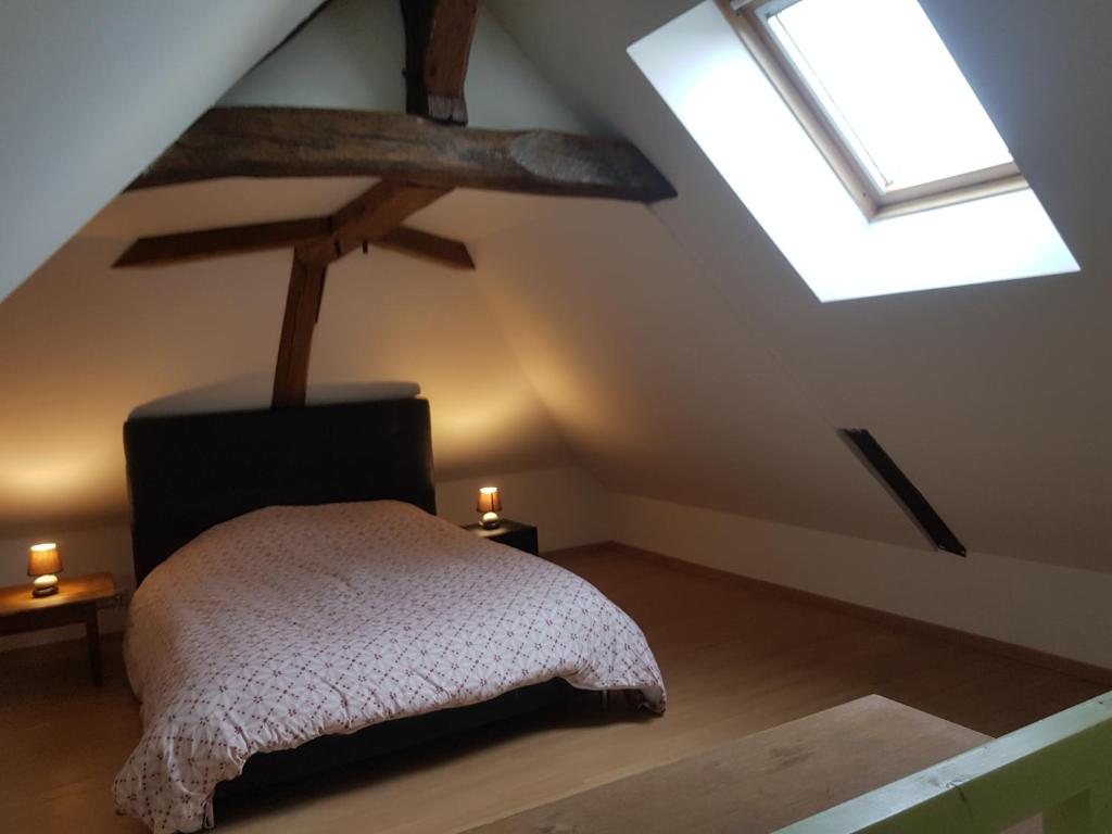 a attic room with a bed and a skylight at Chez laiko wifi gratuit in Beaulieu-sur-Loire