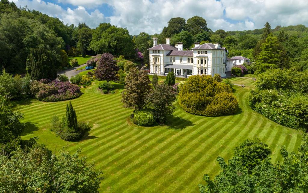 an aerial view of a large house on a lawn at The Falcondale Hotel & Restaurant in Lampeter