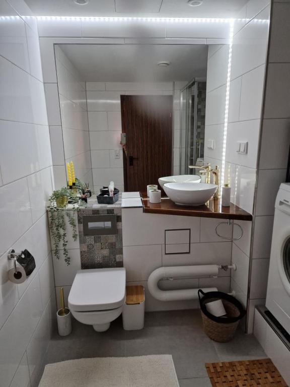 Łazienka z białą toaletą i umywalką w obiekcie 1 Zimmer Appartement im SI Centrum Stuttgart w Stuttgarcie