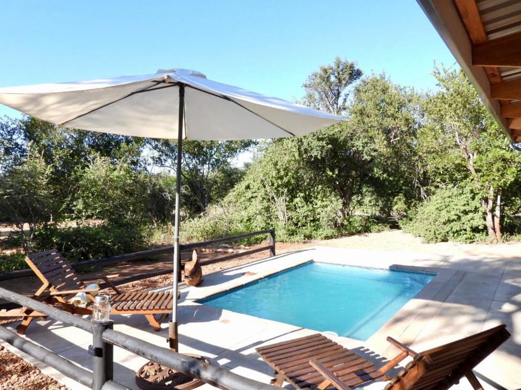 a swimming pool with an umbrella and chairs and a swimming pool at Rooibos Luxury Bush Cottage in Hoedspruit
