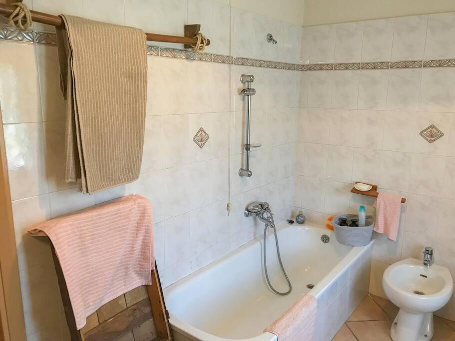 ein Badezimmer mit einer Badewanne, einem WC und einem Waschbecken in der Unterkunft Casa dei nonni 