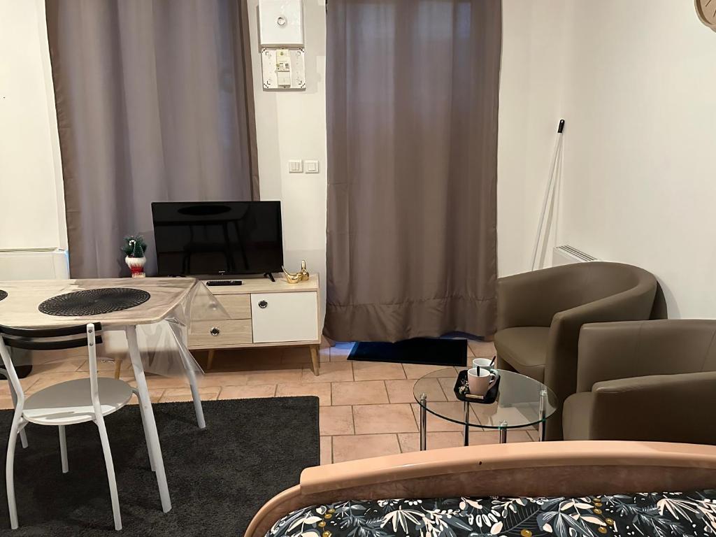 a living room with a table and chairs and a television at Chez doudou in Roanne