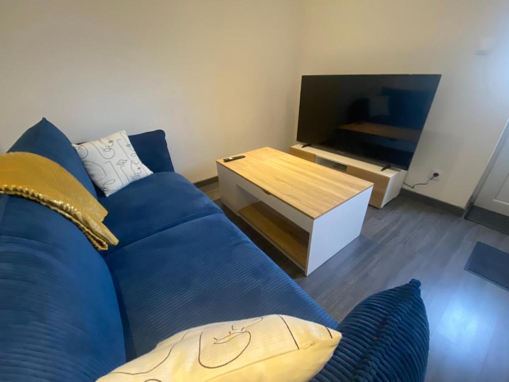 sala de estar con sofá azul y TV en Grand studio avec salon et cuisine toute équipée, en Le Creusot