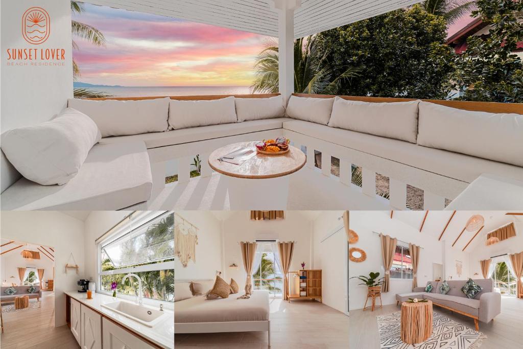 a collage of photos of a living room with a couch at Sunset Lover Beach Residence in Thongsala