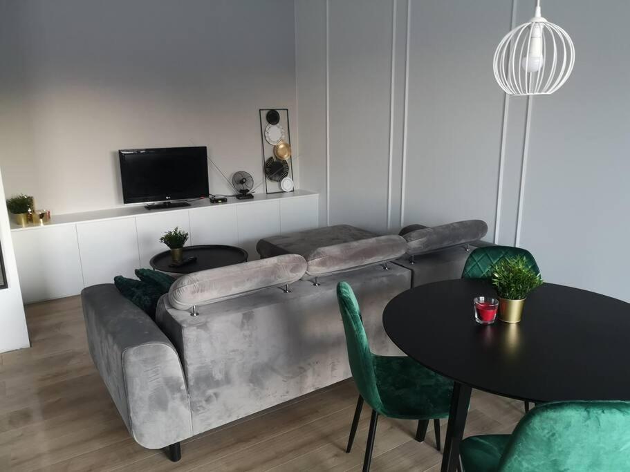 - un salon avec un canapé et une table dans l'établissement Apartament przy Uniwersytecie Kopcińskiego 15, à Łódź