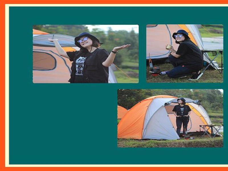 Eine Collage mit Bildern einer Frau, die neben einem Zelt steht. in der Unterkunft Puncak Camp Hills in Bogor