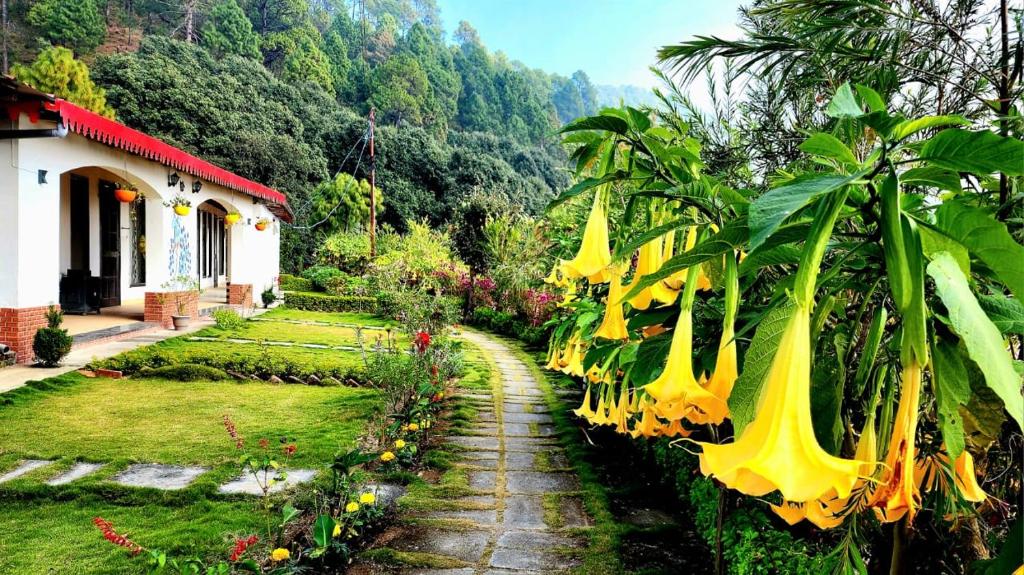 einen Garten mit gelben Bananenbäumen und ein Haus in der Unterkunft Just Naturals Wellness Resort Nainital in Bhowāli