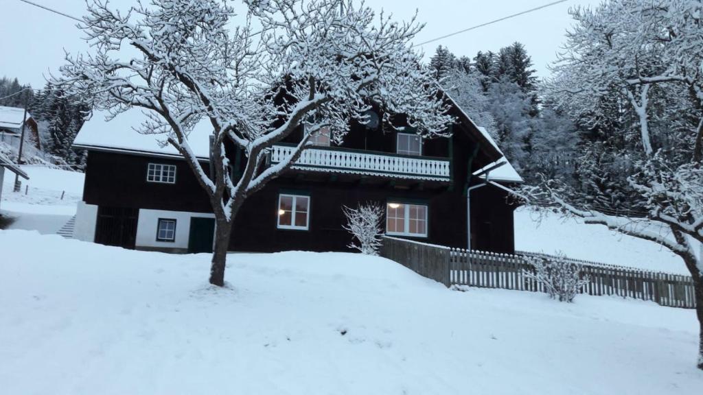 a black house in the snow with a fence at Ferienhütte Antonia in Kliening