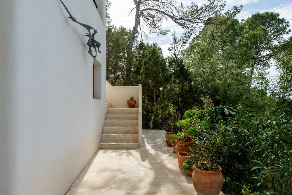 a staircase leading to a house with potted plants at Casa Juliarina in Sant Josep de sa Talaia