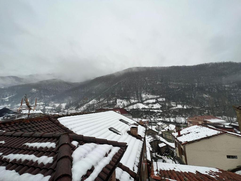 una ciudad cubierta de nieve con montañas en el fondo en Apartamentos Turísticos Cuirgu, en Felechosa