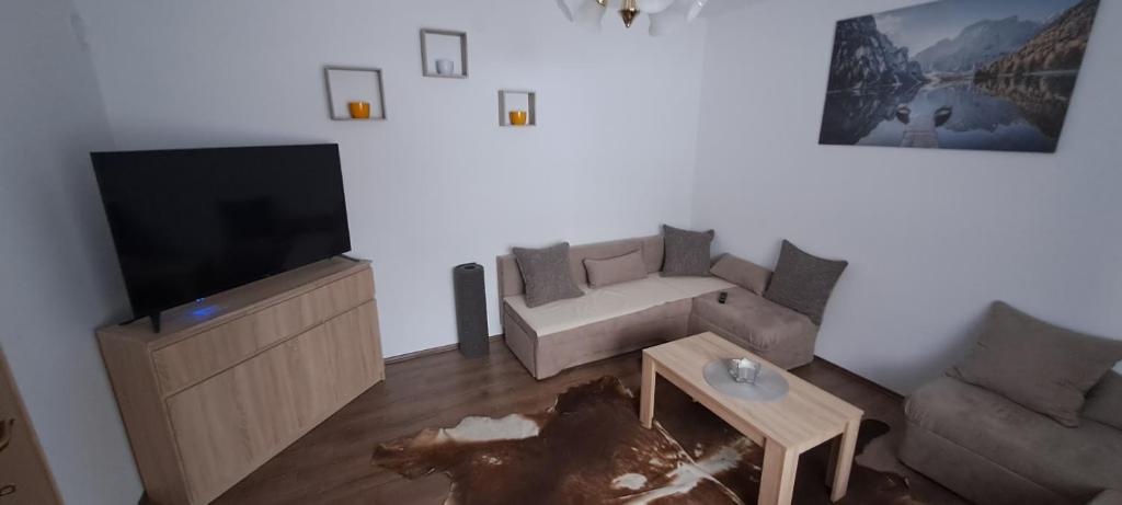 uma sala de estar com um sofá e uma televisão em Apartman Regina em Sunger
