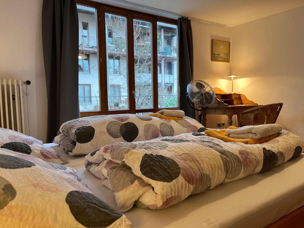 a bedroom with two beds sitting next to a window at Haus Schönwald in Freiburg im Breisgau