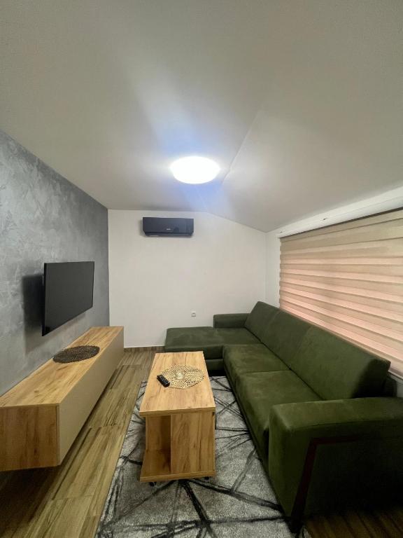 布爾奇科的住宿－Apartman Eden，客厅配有绿色沙发和桌子