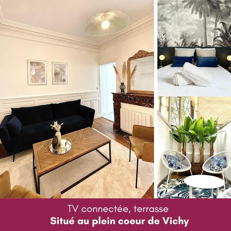 un salon avec un canapé et une table dans l'établissement Le Bleu Royal, à Vichy