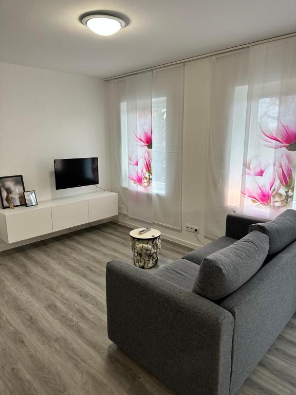 a living room with a couch and a flat screen tv at Ferienwohnung Marli in Marburg an der Lahn