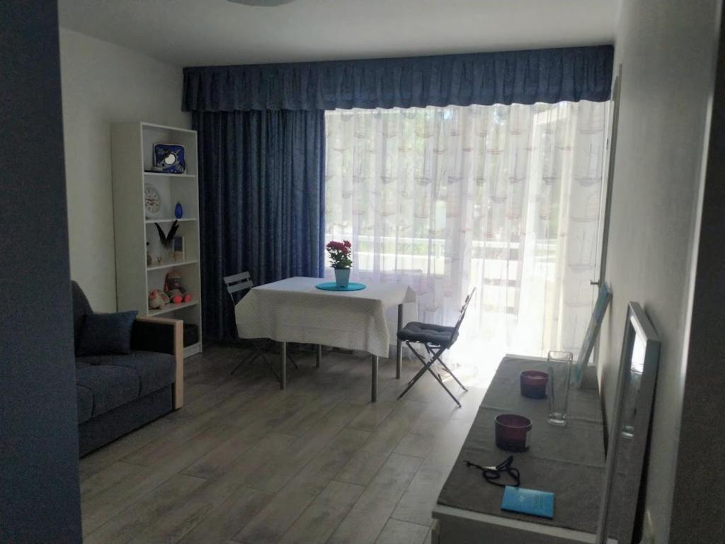 ein Wohnzimmer mit einem Tisch und einem Fenster in der Unterkunft Savonlinna Holidays in Savonlinna