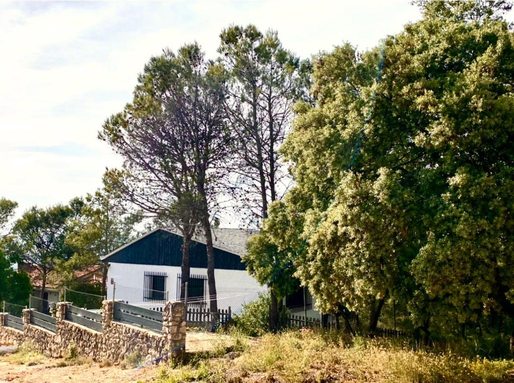 a white house with a fence and trees at Alcarria, Casa del Agua in Albalate de Zorita