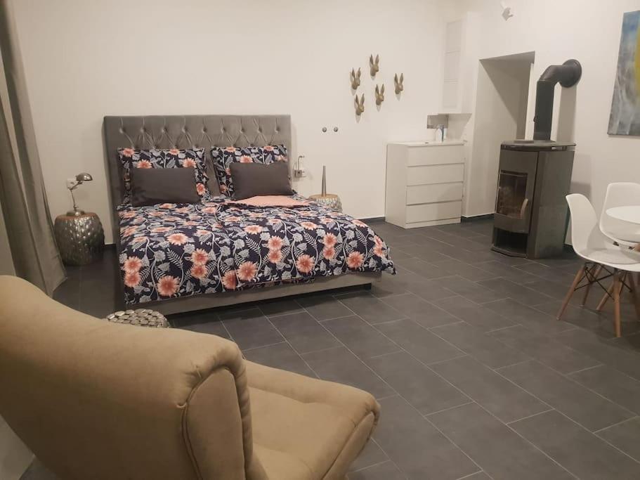 ein Schlafzimmer mit einem Bett, einer Couch und einem Sessel in der Unterkunft Loft in Wien in Wien