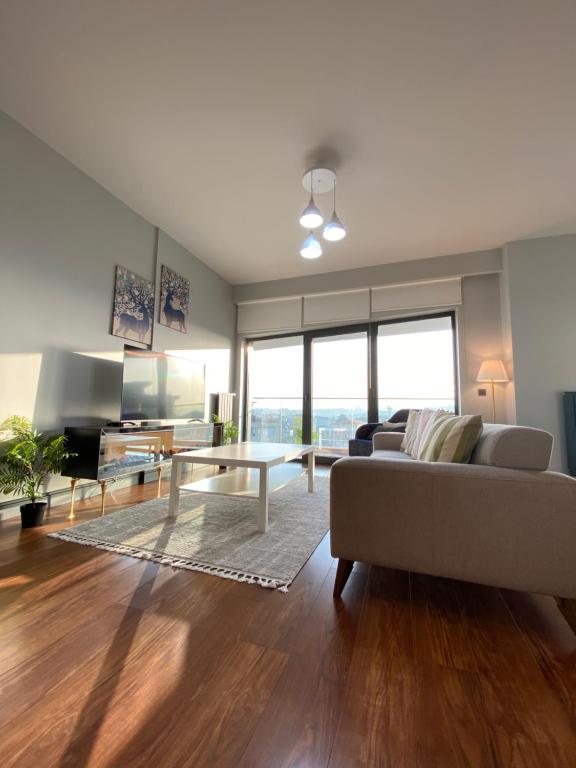 イスタンブールにあるAmazing Big Flat in Taksimのソファとテーブルのあるリビングルーム