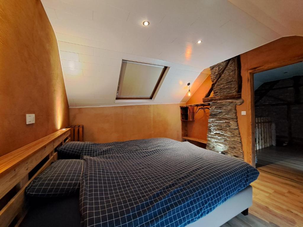 a bedroom with a bed with a mirror on the wall at La Ptit Marie in Houffalize