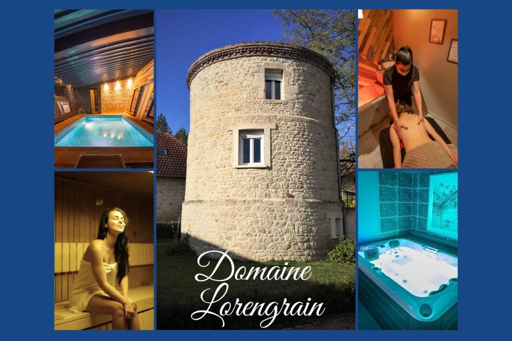 a collage of pictures of a tower with a swimming pool at Gîte Lorengrain in Bruyères-et-Montbérault