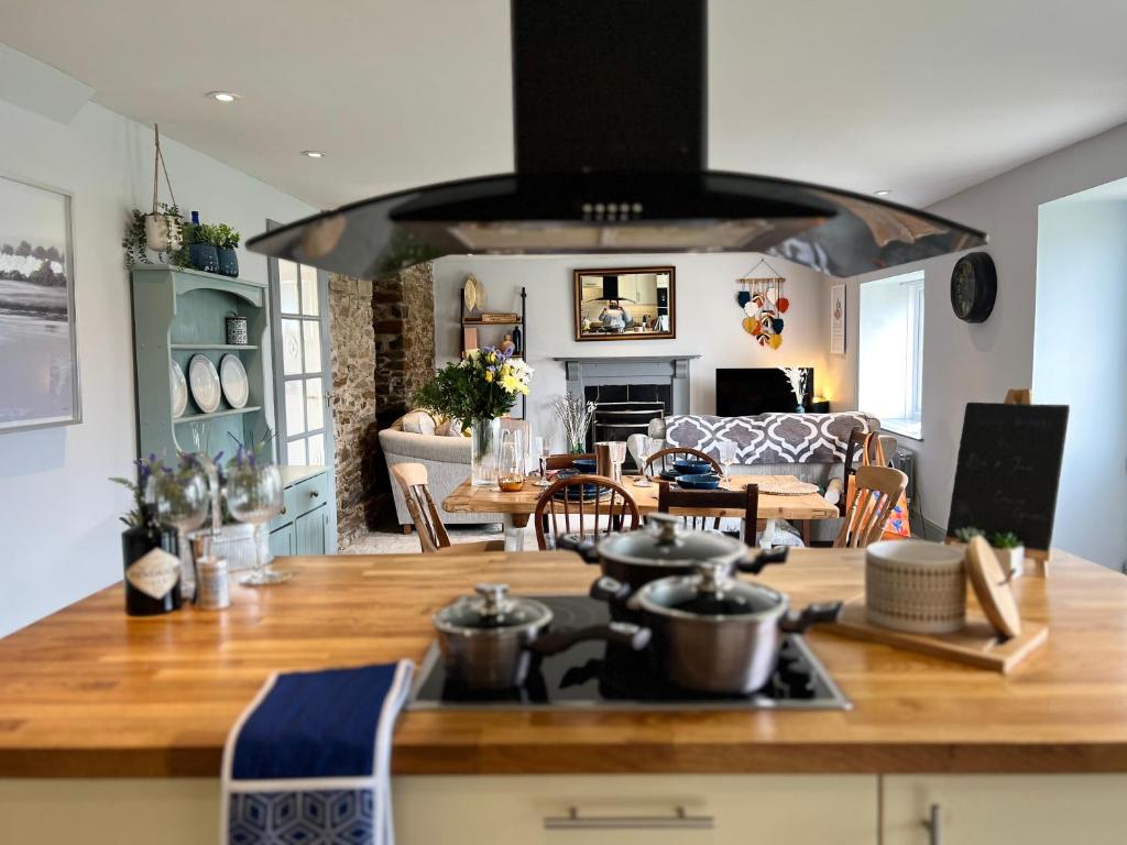 uma cozinha e sala de estar com uma placa de fogão e forno em Spacious 4 Bedroom Farmhouse em Pembrokeshire