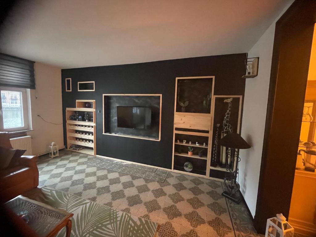 ディナンにあるGîtes La vue sur Meuseの黒い壁のリビングルーム(薄型テレビ付)