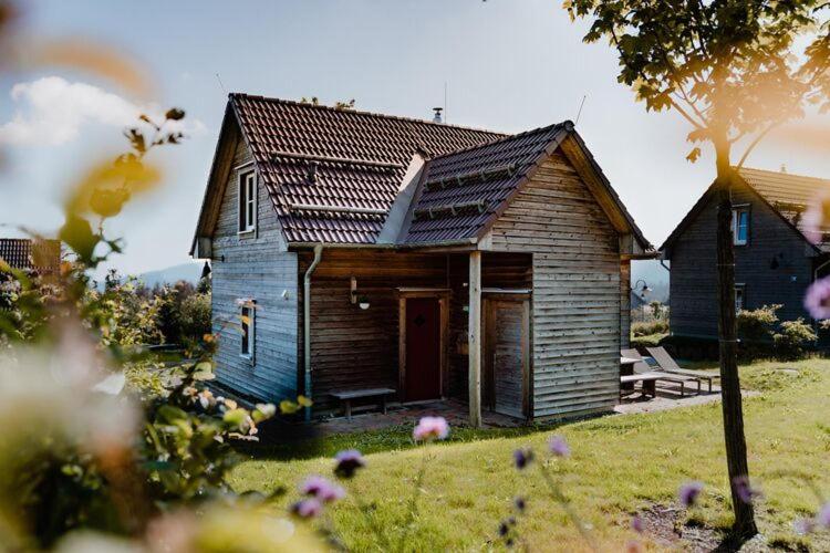 una pequeña casa de madera en un campo con patio en Cottages, turf house en Torfhaus