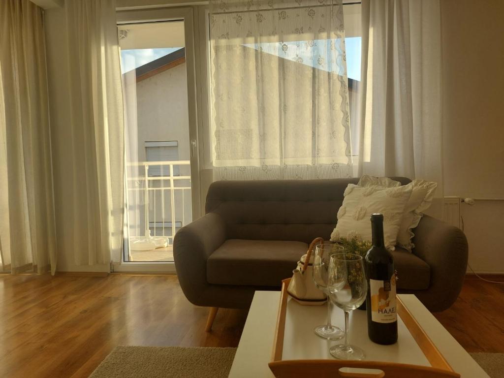 - un salon avec un canapé et une table avec des verres à vin dans l'établissement Apartment Sneshka, à Ohrid