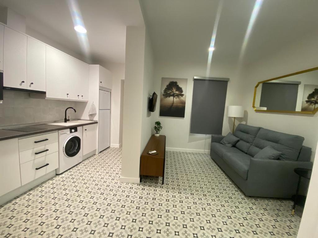 a living room with a gray couch and a kitchen at Estudio El Soportal de la Plaza in Daimiel