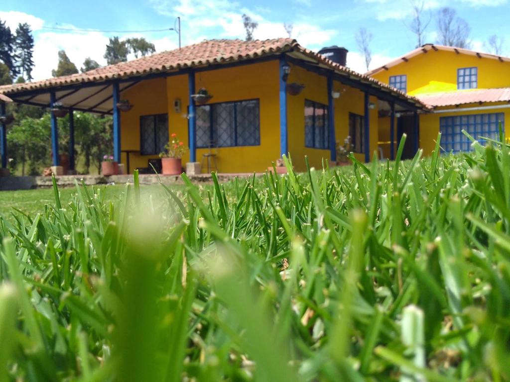 une maison jaune avec une pelouse devant elle dans l'établissement Casa de Campo Finca el Paraiso, à Zipacón