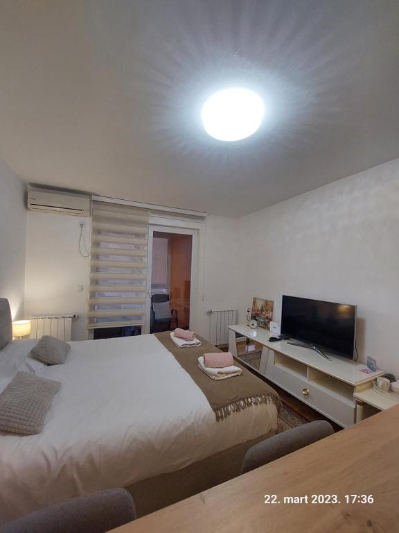 ein Schlafzimmer mit einem großen Bett und einem TV in der Unterkunft LoRed apartment in Sarajevo
