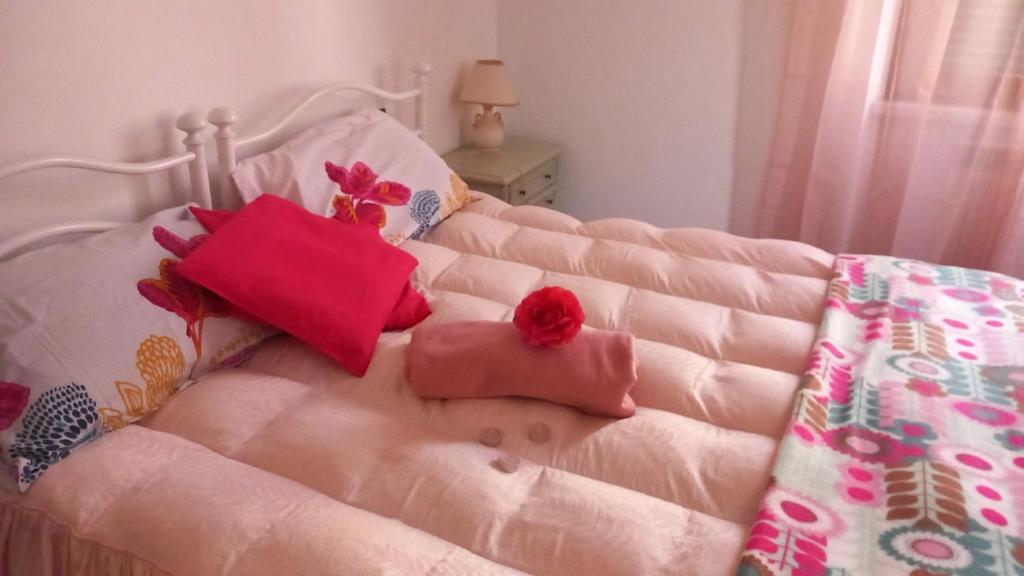 um sofá rosa com duas almofadas vermelhas em Casa Giovanna em Venturina Terme