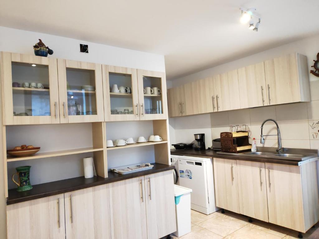 a kitchen with white cabinets and a sink at Casa Sarti in Eşelniţa