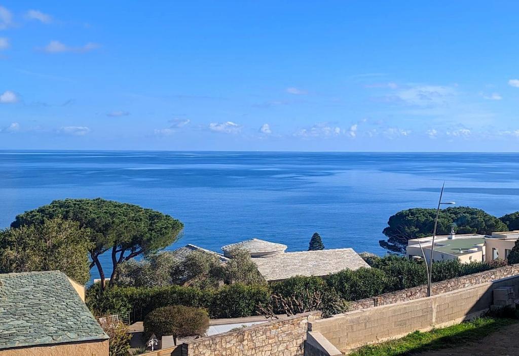 een uitzicht op de oceaan vanaf een muur bij Superb apartment with sea view, 200m from beach in San-Martino-di-Lota