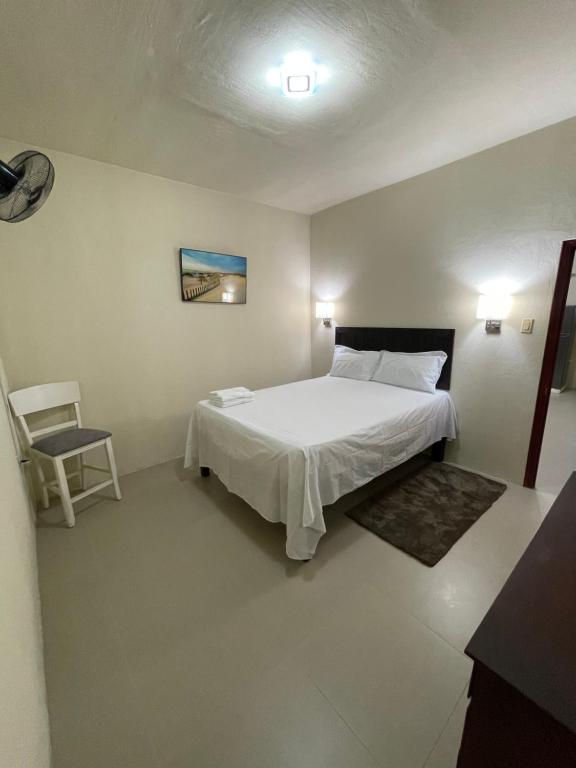 a bedroom with a white bed and a chair at Hagley Park Villa 
