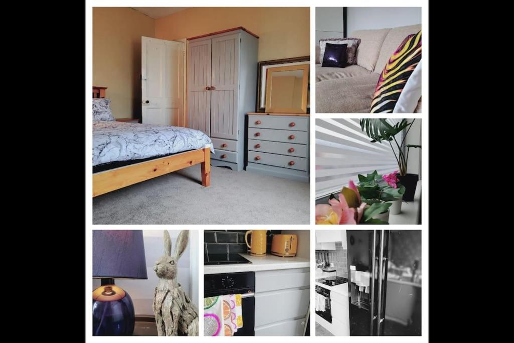 a collage of pictures of a bedroom with a bed at Cosy home entire house, sleeps 7 in Wyken