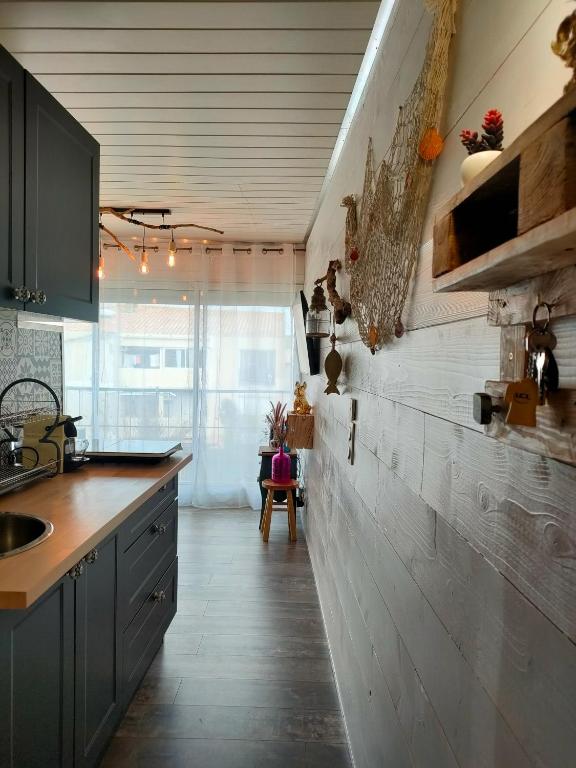 uma cozinha com armários pretos e uma parede branca em La Cabane de Thau Location Cure ou Vacances à Balaruc les Bains em Balaruc-les-Bains