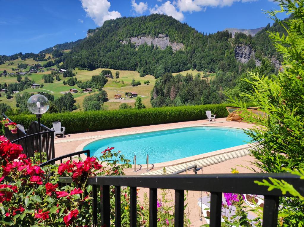 a swimming pool with a view of a mountain at Chalet Mon Idole in Flumet