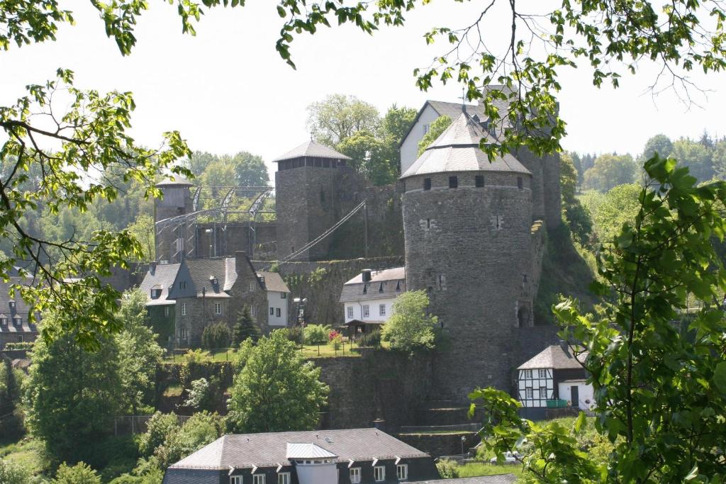 a castle on a hill with houses and trees at Burgapartment Esselsturm in Monschau